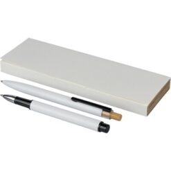 Zestaw piśmienniczy, długopis i pióro kulkowe z nadrukiem Twojego logo, materiał: metal, aluminium, bambus, rpet, kolor: biały