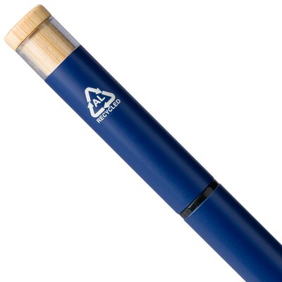Zestaw piśmienniczy, długopis i pióro kulkowe z nadrukiem Twojego logo, materiał: metal, aluminium, bambus, rpet, kolor: niebieski Zestaw piśmienniczy, długopis i pióro kulkowe z nadrukiem Twojego logo, materiał: metal, aluminium, bambus, rpet, kolor: niebieski