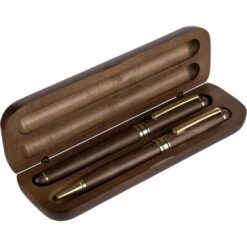Zestaw piśmienniczy, długopis i pióro kulkowe z nadrukiem Twojego logo, materiał: metal, drewno, mosiądz, kolor: brązowy