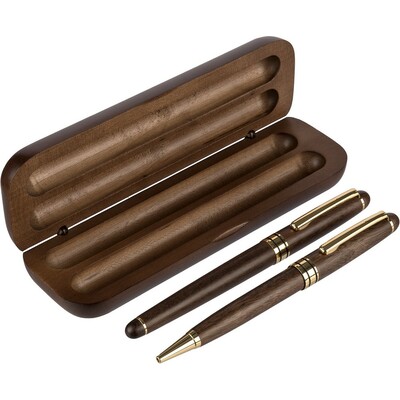 Zestaw piśmienniczy, długopis i pióro kulkowe z nadrukiem Twojego logo, materiał: metal, drewno, mosiądz, kolor: brązowy Zestaw piśmienniczy, długopis i pióro kulkowe z nadrukiem Twojego logo, materiał: metal, drewno, mosiądz, kolor: brązowy