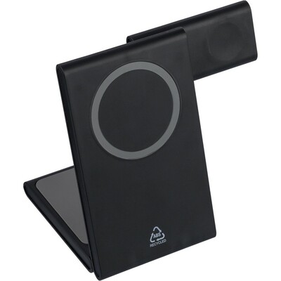 Magnetyczna ładowarka bezprzewodowa 3 w 1, 15W z nadrukiem Twojego logo, materiał: plastik, kolor: czarny Magnetyczna ładowarka bezprzewodowa 3 w 1, 15W z nadrukiem Twojego logo, materiał: plastik, kolor: czarny