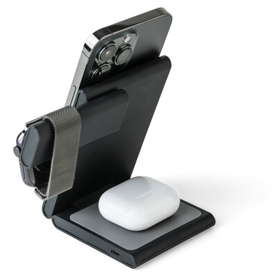 Magnetyczna ładowarka bezprzewodowa 3 w 1, 15W z nadrukiem Twojego logo, materiał: plastik, kolor: czarny Magnetyczna ładowarka bezprzewodowa 3 w 1, 15W z nadrukiem Twojego logo, materiał: plastik, kolor: czarny