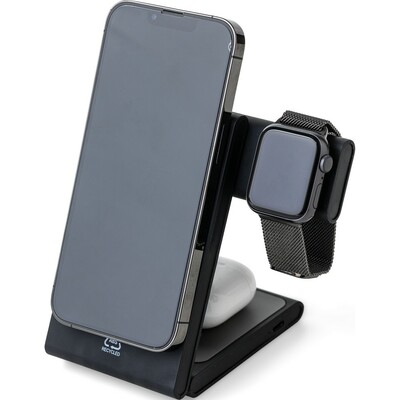 Magnetyczna ładowarka bezprzewodowa 3 w 1, 15W z nadrukiem Twojego logo, materiał: plastik, kolor: czarny Magnetyczna ładowarka bezprzewodowa 3 w 1, 15W z nadrukiem Twojego logo, materiał: plastik, kolor: czarny