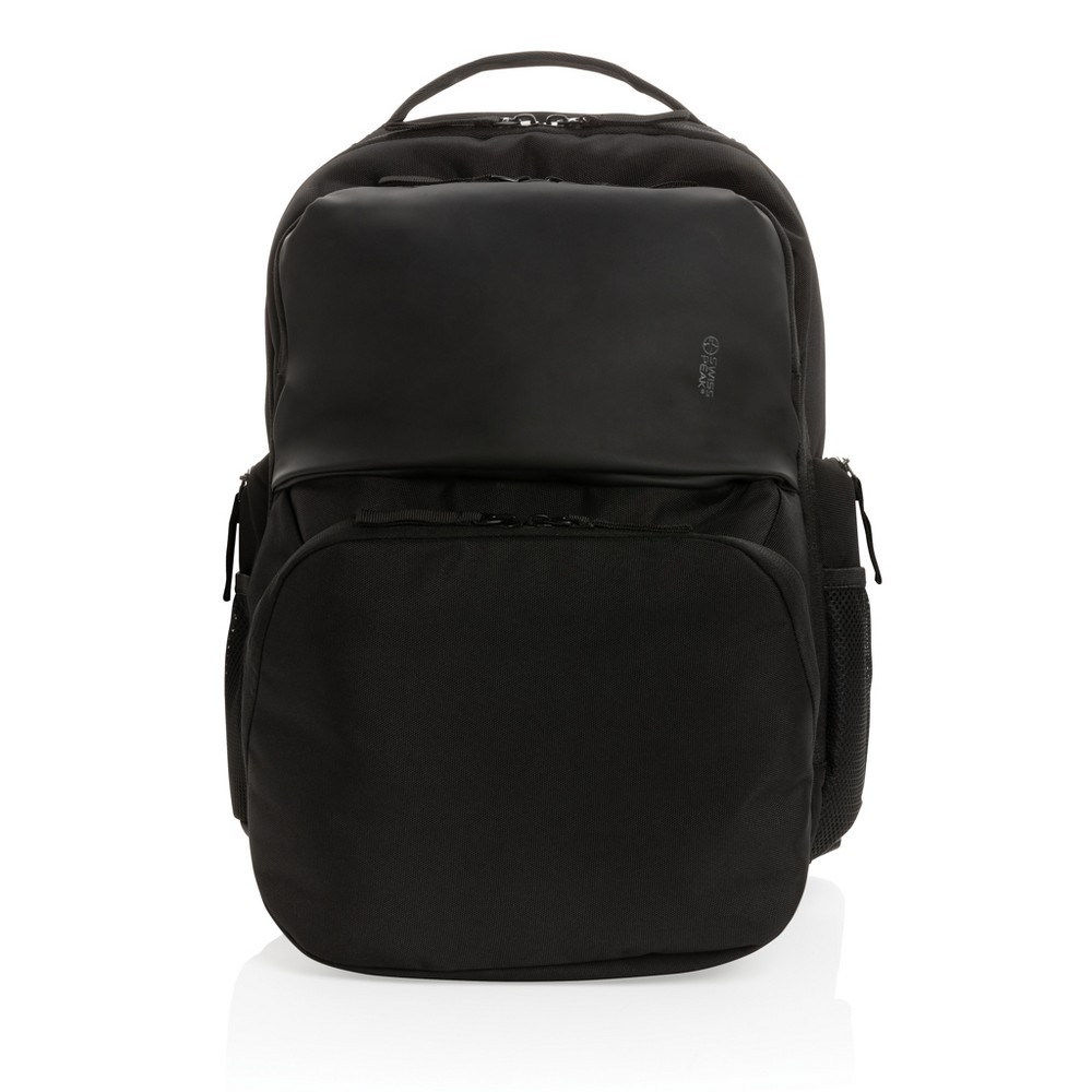 Plecak na laptopa 15,6" Swiss Peak AWARE™ RPET z nadrukiem Twojego logo, materiał: pu, rpet, kolor: czarny Plecak na laptopa 15,6" Swiss Peak AWARE™ RPET z nadrukiem Twojego logo, materiał: pu, rpet, kolor: czarny