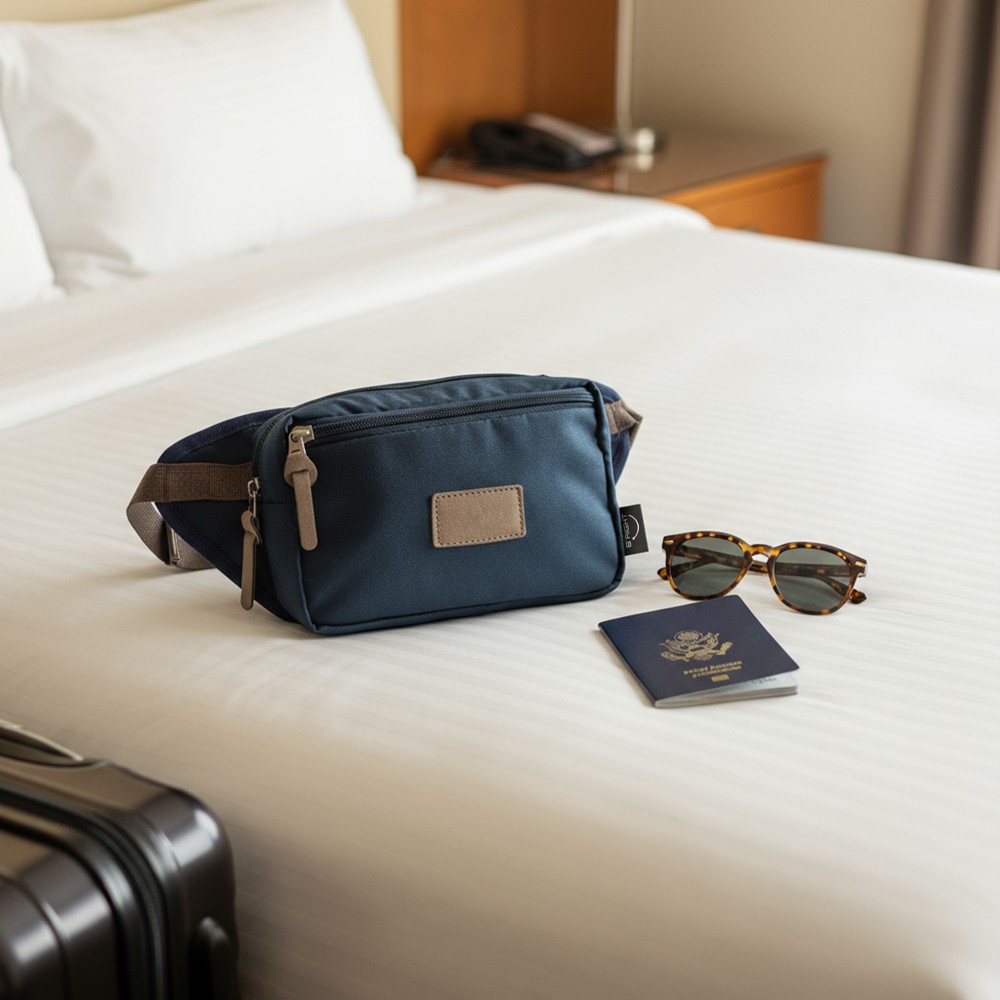 Saszetka zapinana w pasie RPET B'RIGHT | Roudeline z nadrukiem Twojego logo, materiał: poliester, rpet, kolor: granatowy Saszetka zapinana w pasie RPET B'RIGHT | Roudeline z nadrukiem Twojego logo, materiał: poliester, rpet, kolor: granatowy