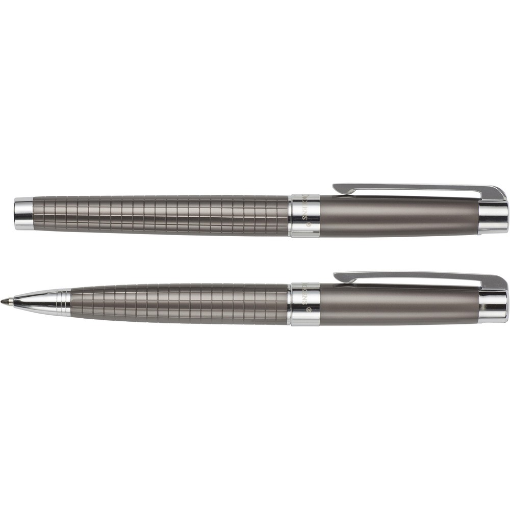 Zestaw piśmienniczy Charles Dickens®, długopis i pióro kulkowe z nadrukiem Twojego logo, materiał: metal, welur, pu, kolor: szary Zestaw piśmienniczy Charles Dickens®, długopis i pióro kulkowe z nadrukiem Twojego logo, materiał: metal, welur, pu, kolor: szary