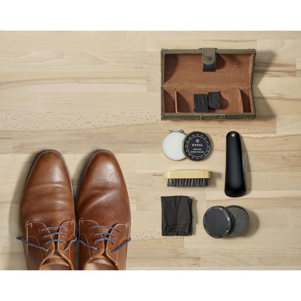Zestaw do czyszczenia obuwia z nadrukiem Twojego logo, materiał: plastik, pu, drewno, bawełna, kolor: brązowy Zestaw do czyszczenia obuwia z nadrukiem Twojego logo, materiał: plastik, pu, drewno, bawełna, kolor: brązowy