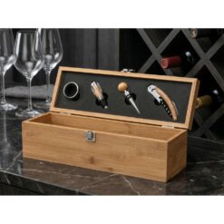 Bambusowy zestaw do wina, 4 el., skrzynka do wina z nadrukiem Twojego logo, materiał: bambus, kolor: drewno