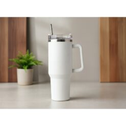 Kubek termiczny 1200 ml z ergonomicznym uchwytem | Stasimus z nadrukiem Twojego logo, materiał: plastik, stal nierdzewna, stal, kolor: biały