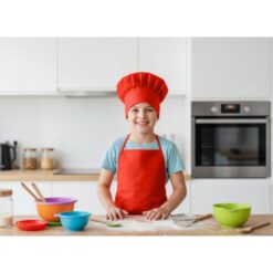 Zestaw małego kucharza, fartuch kuchenny i czapka kucharska, rozmiar dziecięcy | Nedina z nadrukiem Twojego logo, materiał: non-woven, kolor: czerwony