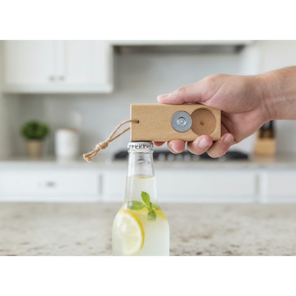 Drewniany otwieracz do butelek | Rufus z nadrukiem Twojego logo, materiał: metal, drewno, kolor: drewno Drewniany otwieracz do butelek | Rufus z nadrukiem Twojego logo, materiał: metal, drewno, kolor: drewno