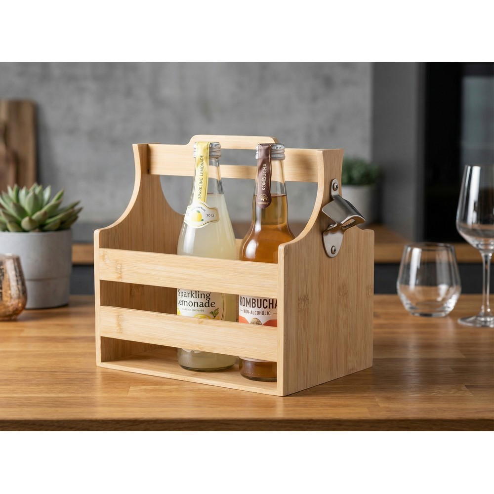 Skrzynka na butelki z nadrukiem Twojego logo, materiał: metal, bambus, kolor: brązowy Skrzynka na butelki z nadrukiem Twojego logo, materiał: metal, bambus, kolor: brązowy